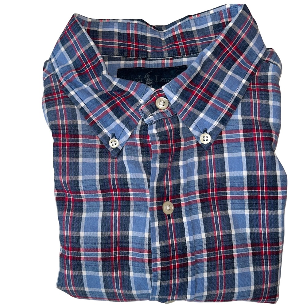 Ralph Lauren Men's Short Sleeve Classic Fit Shirt‎ Large Gray Red Plaid Oxford
